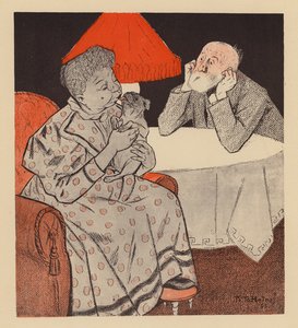 Marido lamenta que, após 25 anos de casamento, a sua mulher pareça gostar mais do seu cão de estimação do que dele (litografia a cores) de Thomas Theodor Heine