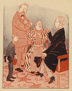 Diretor de escola a explicar aos pais de um rapaz porque é que ele foi expulso da escola (litografia a cores) de Thomas Theodor Heine