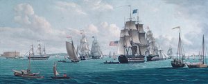 O navio americano Franklin, com vista para a baía de Nova Iorque, anos 1820 ou 1830. de Thomas Thompson