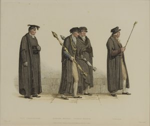 Vice-Chanceler, Esquire Beadle, Yeoman Beadle, Verger, gravado por J. Agar, publicado em R. Ackermann&39;s "History of Oxford", 1813 (gravura colorida à mão) de Thomas Uwins