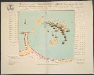 PLANO do memorável ENGATE de ABUKIR na foz do Nilo, que teve lugar no dia 1 e 2 de agosto de 1798, entre a FROTA BRITÂNICA comandada pelo Contra-Almirante SIR HORATIO NELSON K.B. e a FROTA FRANCESA comandada pelo Almirante BRUIYS exh de Thomas Vivares
