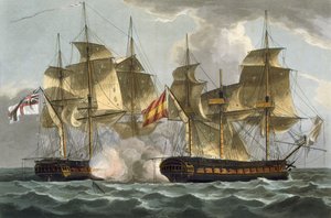 Captura da Mahonesa, 13 de outubro de 1796, gravada por Thomas Sutherland para "J. Naval Achievements", de J. Jenkins, 1816 (gravura colorida)