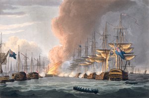 Destruição da Frota Dinamarquesa antes de Copenhaga, a 2 de abril de 1801, gravada por Thomas Sutherland para as "Realizações Navais" de J. Jenkins, 1816