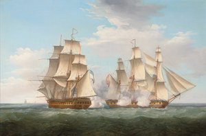 HMS Ethalion em ação com a fragata espanhola Thetis, perto do Cabo Finisterra, 16 de outubro de 1799, 1800 de Thomas Whitcombe