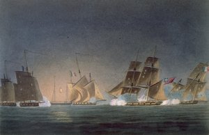 HMS Rinaldo envolvendo quatro soldados franceses, gravados por J. Bailey para "A Cronologia Naval da Grã-Bretanha", de J. Ralfe, publicado em 1820 de Thomas Whitcombe