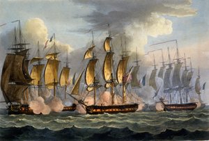 A captura de La Prévoyante e La Raison, 17 de maio de 1795, de "As realizações navais da Grã-Bretanha" por James Jenkins, gravado por Thomas Sutherland, publicado em 1817 (aquatinta colorido à mão)