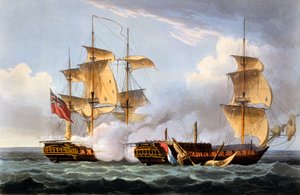 A captura de La Vestale, 20 de agosto de 1799, de "As conquistas navais da Grã-Bretanha", de James Jenkins, gravada por Thomas Sutherland, publicada em 1817 (aquatinta colorida à mão)