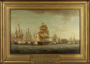 O HMS "Spartan" e as fragatas francesas: início dos combates, 3 de maio de 1810, Baía de Nápoles (Itália). Óleo sobre tela de Thomas Whitcombe