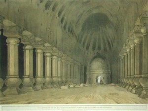 Interior de um Templo Hindu Escavado na Ilha de Salsette, placa 63 de "Cenário Oriental": Twenty Four Views in Hindoostan