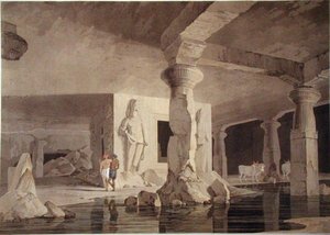 Parte do Templo do Elefanta, placa VIII do "Cenário Oriental", publicado em 1800 (aquatint colorido) de Thomas und William Daniell