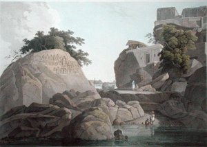Vista Sudeste da Rocha dos Fakeers no rio Ganges, perto de Sultaungunge, placa X de "Oriental Scenery", publicado em 1800 (aquatint colorido) (ver também 86311) de Thomas und William Daniell