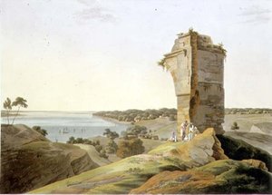 Vista das Ruínas do Forte de Currah, no rio Ganges, placa XXI da Parte 4 do "Cenário Oriental", pub. 1803 (aquatint) de Thomas und William Daniell