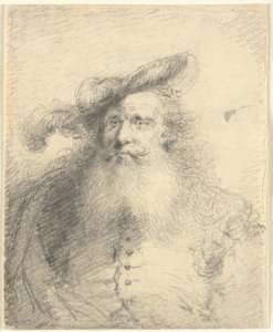 Retrato de cabeça e ombro de um homem barbudo com um chapéu de penas