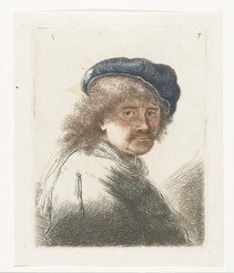 Autorretrato de boné e lenço com o rosto escuro: busto