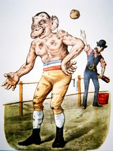 "The Loser" ou "Throwing-in the sponge", desenho animado de luta de prémios publicado por Currier & Ives em 1883 (cor litho)