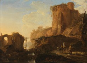 Paisagem italianizante com ponte e ruína de castelo de Thomas Wyck
