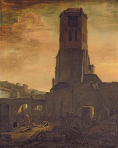 Lavadeiras ao pé de uma torre (óleo sobre painel) de Thomas Wyck