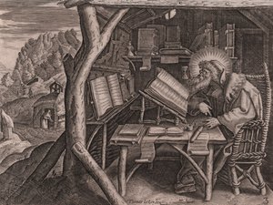 Santo Evagrius Ponticus imerso nos seus estudos, gravura e burina por Tomás de Lieu (1560-1612)