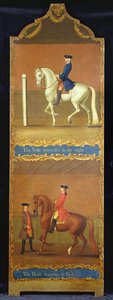 "O Volte Renversee à direita" (em cima) e "O cavalo aprendendo a voltar" (em baixo), c.1750 de Thomas, of Pall Mall Butler