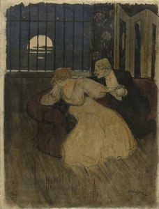 Cavalheiro de saia tenta persuadir uma senhora duvidosa em um sofá de Théophile Alexandre Steinlen