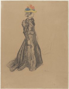 Senhora em pé de preto completo com trem e um chapéu de palha colorido com flores de verão de Théophile Alexandre Steinlen