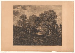 Vista da floresta de Fontainebleau com uma figura por uma poça Une Mare - Forêt de Fontainebleau. (título no objeto) de Théophile Chauvel