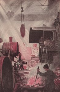 Construção de uma locomotiva (litografia a cores) de Thornton Oakley