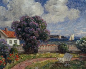 Paisagem Costeira com Floresta Lilás em Flor (óleo sobre tela)