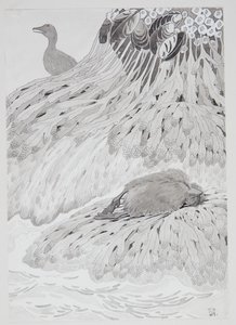 Um eider e um pássaro morto em uma praia de Thorolf Holmboe