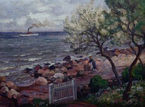 Paisagem de verão com portão de jardim e mulher (óleo sobre tela)
