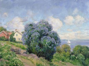 Paisagem de verão com arbusto lilás, casa e barco à vela (óleo sobre tela)