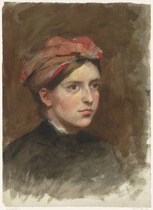 Retrato de uma jovem mulher com um lenço de cabeça vermelho