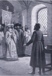 Boris Godunov em aposentadoria no mosteiro, pediu para aceitar sua eleição como Czar, ilustração de Landmarks in European History publicada pela Gresham Publishing Co, c.1920 (litho) de Thure de Thulstrup