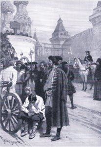 Execução do Strelitz por comando de Pedro o Grande, ilustração de Landmarks in European History publicada pela Gresham Publishing Co, c.1920 (litho)