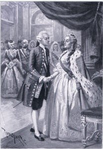 Encontro de Catarina II da Rússia e José II da Áustria, ilustração de Landmarks in European History publicada pela Gresham Publishing Co, c.1920 (litho) de Thure de Thulstrup