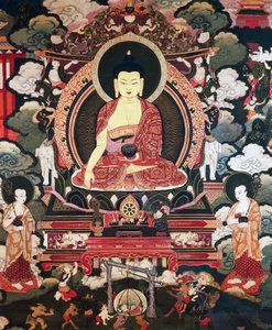 Buda sentado entre seus dois grandes discípulos Cariputra e Maudgalyayana, cenas da Vida de Buda Sakyamuni, civilização tibetana de Tibetan School