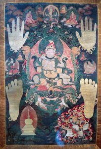 Gnya-Khri btsan-Po, lendário primeiro rei do Tibete, reencarnação do bodhisattva Avalokitesvara, um dos líderes temporais e espirituais do Tibete, pintura sobre tela, civilização tibetana de Tibetan School