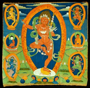 Thangka, pintura, descrevendo, a, Dakini, Vajravarahi, (Do, rje, pag, mo) Tibetan, 19o, século, (cinomose, ligado, calico) de Tibetan School