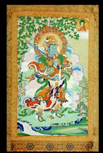 Thangka pintura retratando Virudhaka (Pag che po) Guardião do Sul, tibetano, do século 19 (papel montado em seda com rolos) de Tibetan School