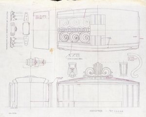 Um desenho para uma peça central de exposição da Tiffany & Co. e dois candelabros de três luzes, feito para a Feira Mundial de 1939, por volta de 1939 (tinta no papel) de Tiffany and Company
