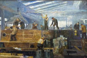 Le plan quinquennal - Instalação de turbina por Chernyshev, Tikhon Pavlovich (1882-1942). Óleo sobre tela, tamanho: 75x110 de Tikhon Pavlovich Chernyshev
