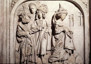 Túmulo de Henri II 973-1024 e sua esposa Kunigunde, detalhe do julgamento de Kunigundes por fogo por suspeita de adultério, 1499-1513 pedra