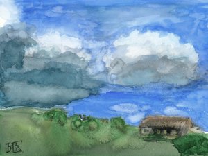 Casa sob nuvens de tempestade