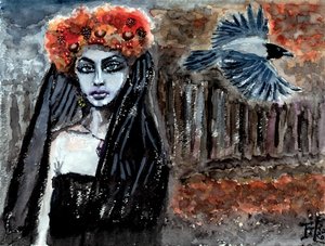 Mulher com véu e corvo de Tim Hoinkis