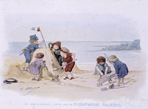 Jogos infantis: crianças construindo um castelo de areia - dess. de Lobrichon, ed. de Phosphatine Falières, v.1920 de Timoleon Marie Lobrichon