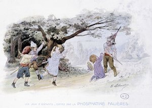Jogos infantis: crianças jogando guerra, soldados - dess. de Lobrichon, ed. de Phosphatine Falières, v.1920