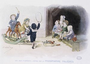 Jogos infantis: crianças com diferentes brinquedos (aro, cavalo de balanço, bonecos...) - dess. de Lobrichon, ed. de Phosphatine Falieres, v.1920 de Timoleon Marie Lobrichon