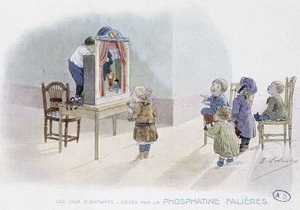 Jogos infantis: espetáculo de marionetes - desenho de Lobrichon, ed. de Phosphatine Falières