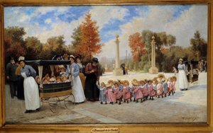Caminhando da creche até as Enfermeiras Tuileries passeiam crianças com carrinhos. Pintura de Timoleon Lobrichon (1831-1914) Século XIX. Coleção particular - Promenade de crianças nos jardins das Tuileries. Amas que passeiam com crianças em carrinhos. Pint