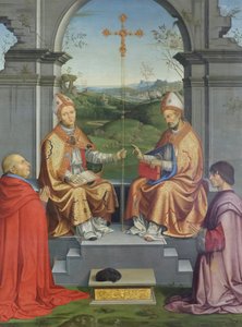 Os santos Tomás Becket e Martinho de Tours adorados pelo bispo Giovanni Pietro Arrivabene e pelo seu sobrinho Giacomo